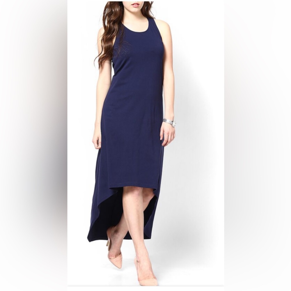 MICHAEL KORS HIGH LOW KNIT TANK DRESS Navy Blue Midi Maxi Size XS Stretch